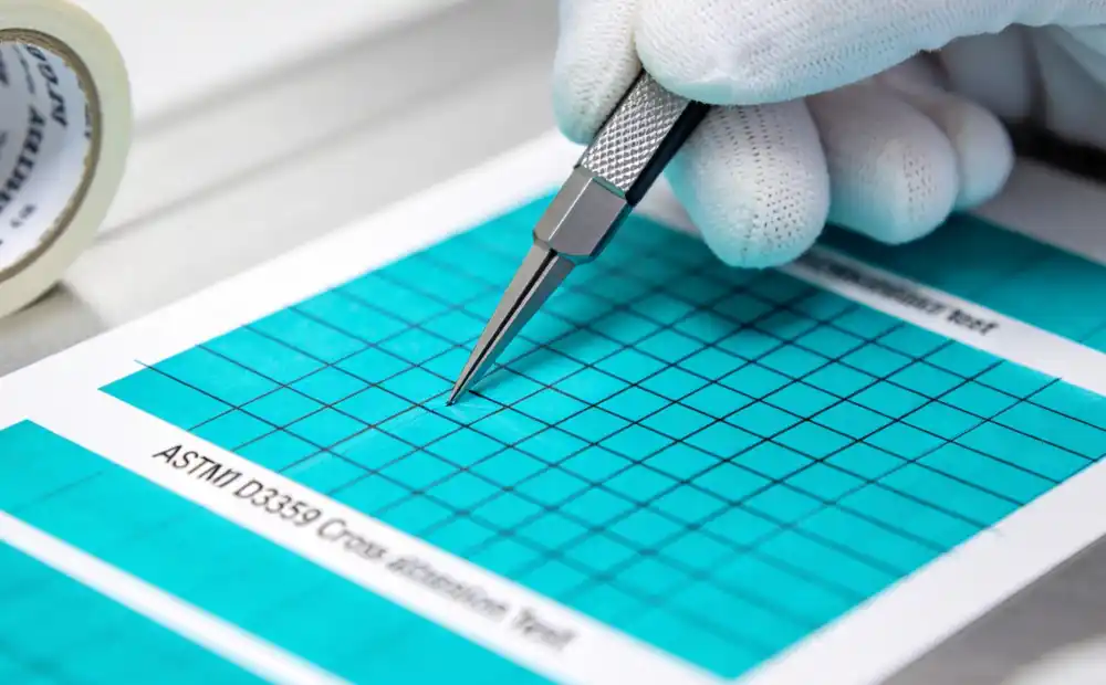 Technician performing ASTM D3359 cross-cut adhesion test on flexo ink to ensure durability on labels.